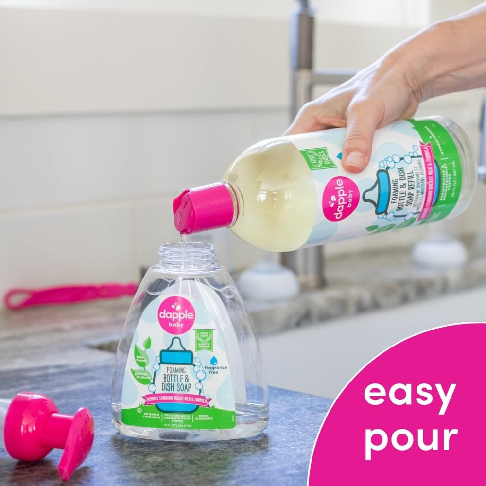 Dapple Baby Foaming Soap unscented foam-lather highlights residue removal on bottles