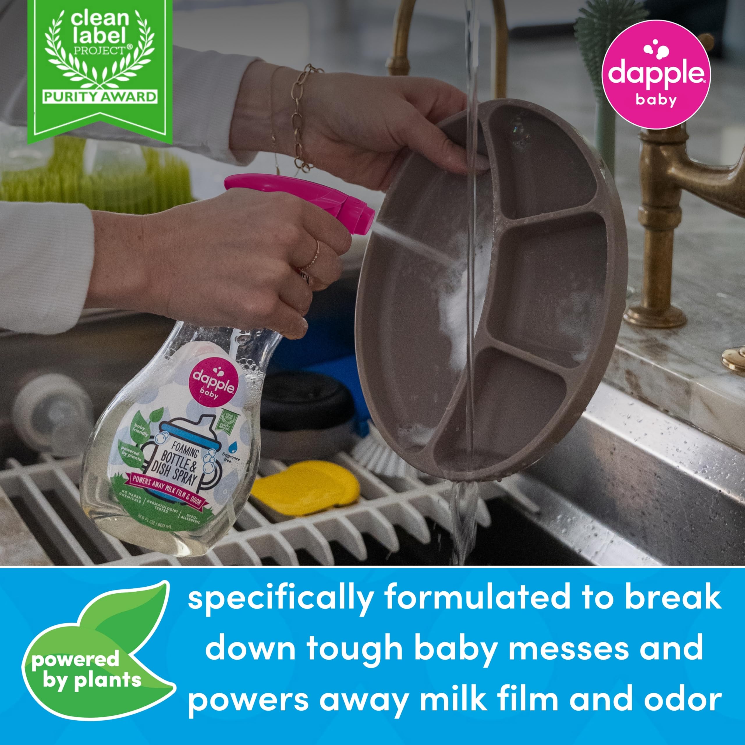 Dapple Baby Foaming Spray with breast pump parts ready for safe, residue-free rinsing.