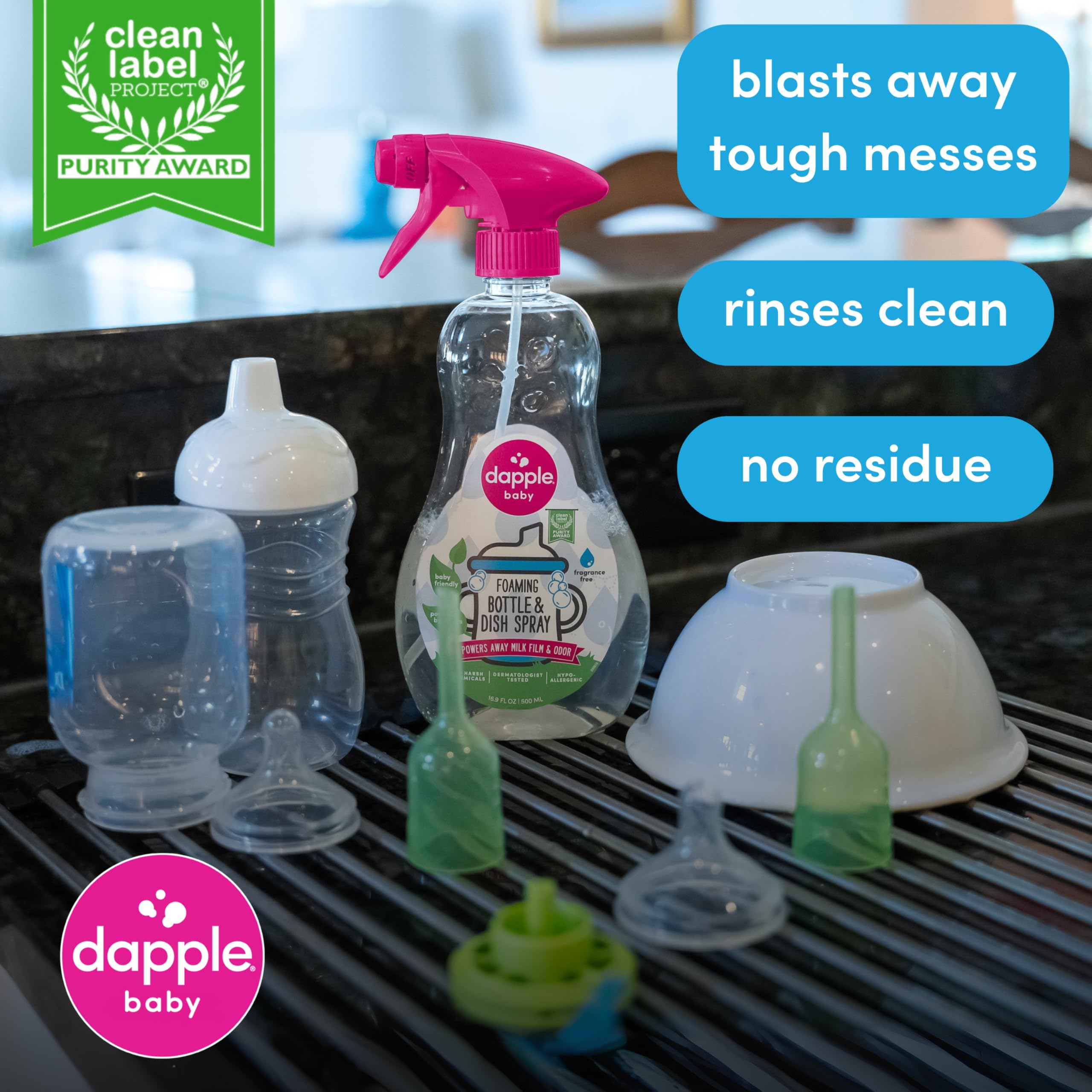 Dapple Baby Foaming Spray helps lift milk film from bottles to refresh them.