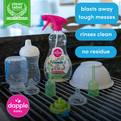 Dapple Baby Foaming Spray helps lift milk film from bottles to refresh them.
