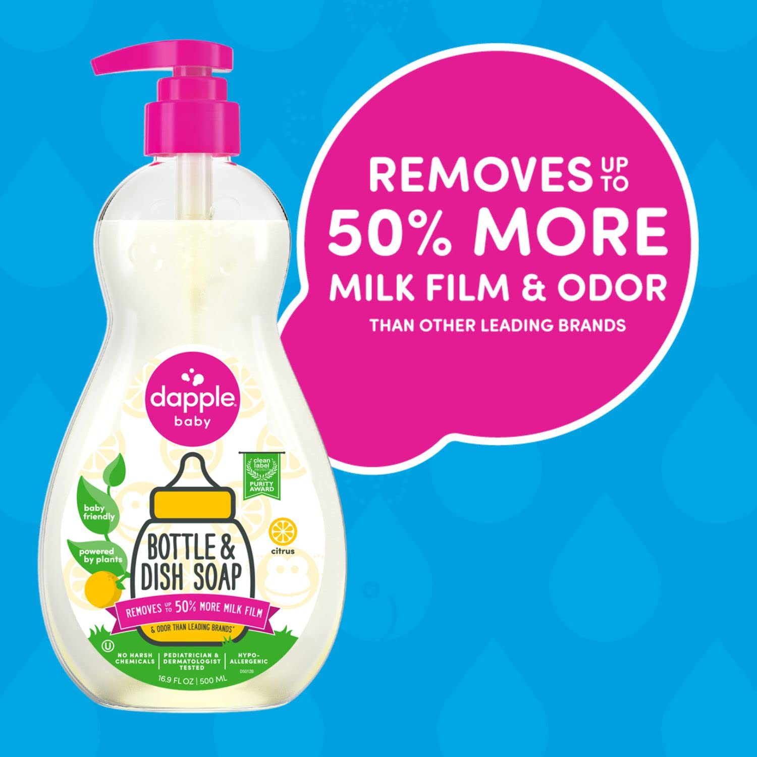 Dapple label closeup highlights clean-label, plant-based formula for families.