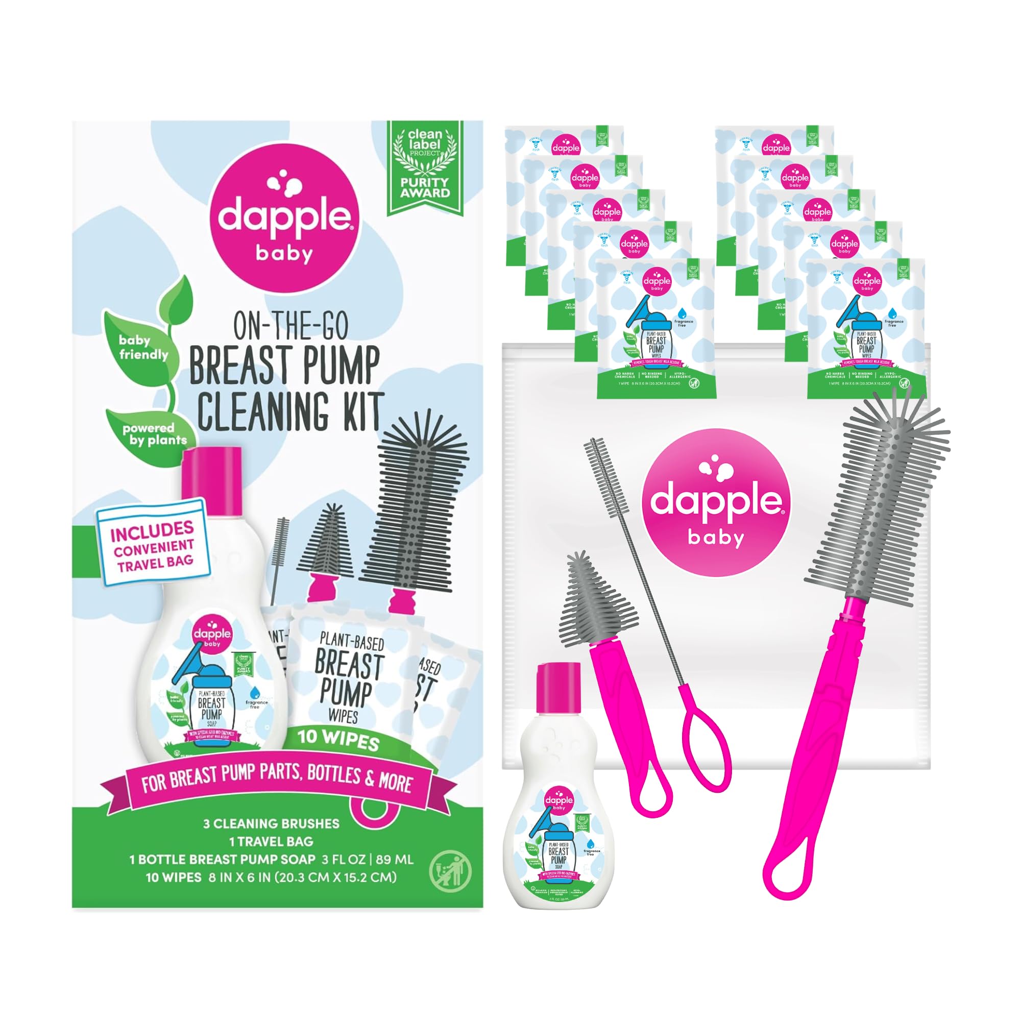 Dapple breast pump cleaning kit packaging shown for on-the-go cleaning convenience.