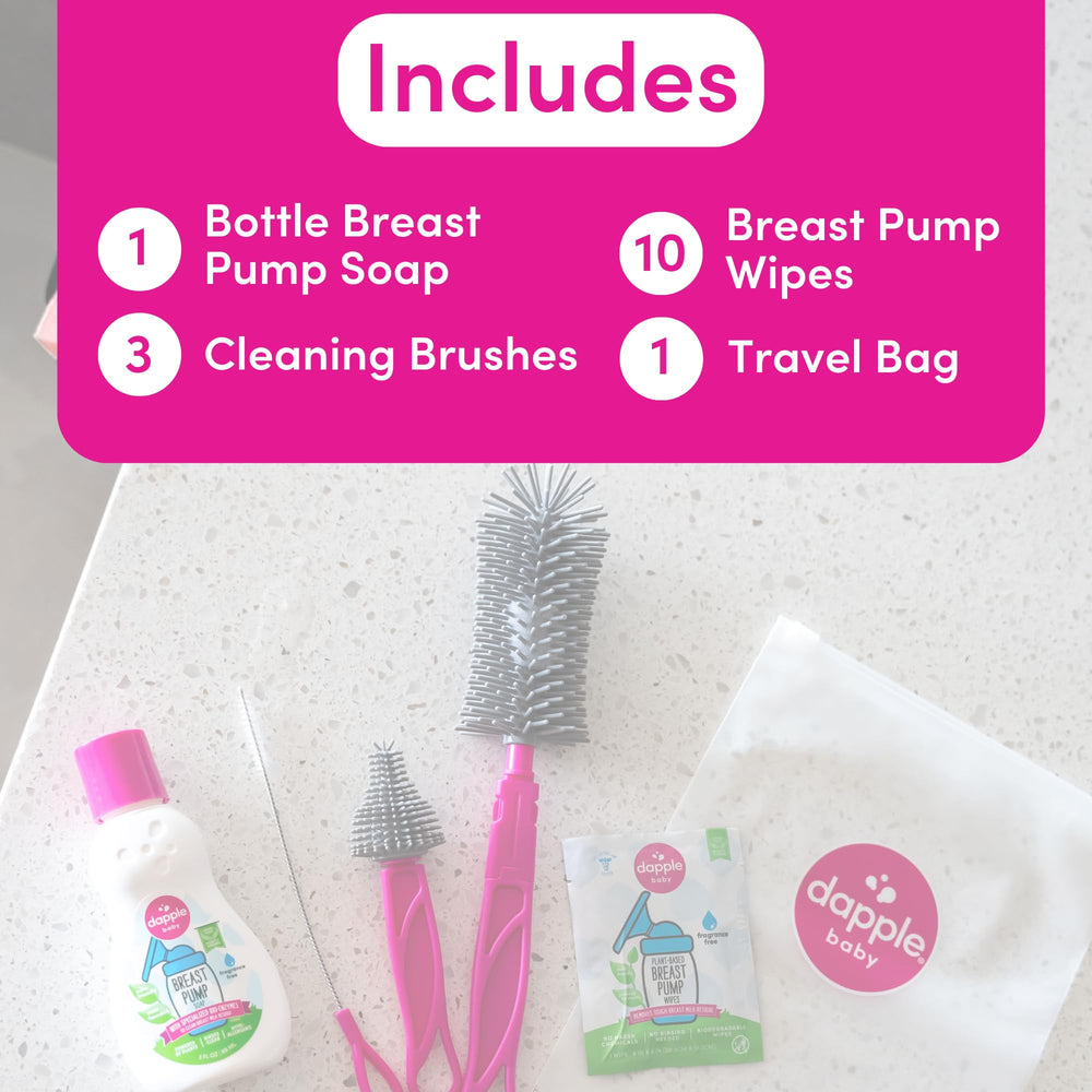 Dapple breast pump soap bottle highlighted with enzyme blend for residue removal.