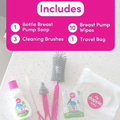 Dapple breast pump soap bottle highlighted with enzyme blend for residue removal.