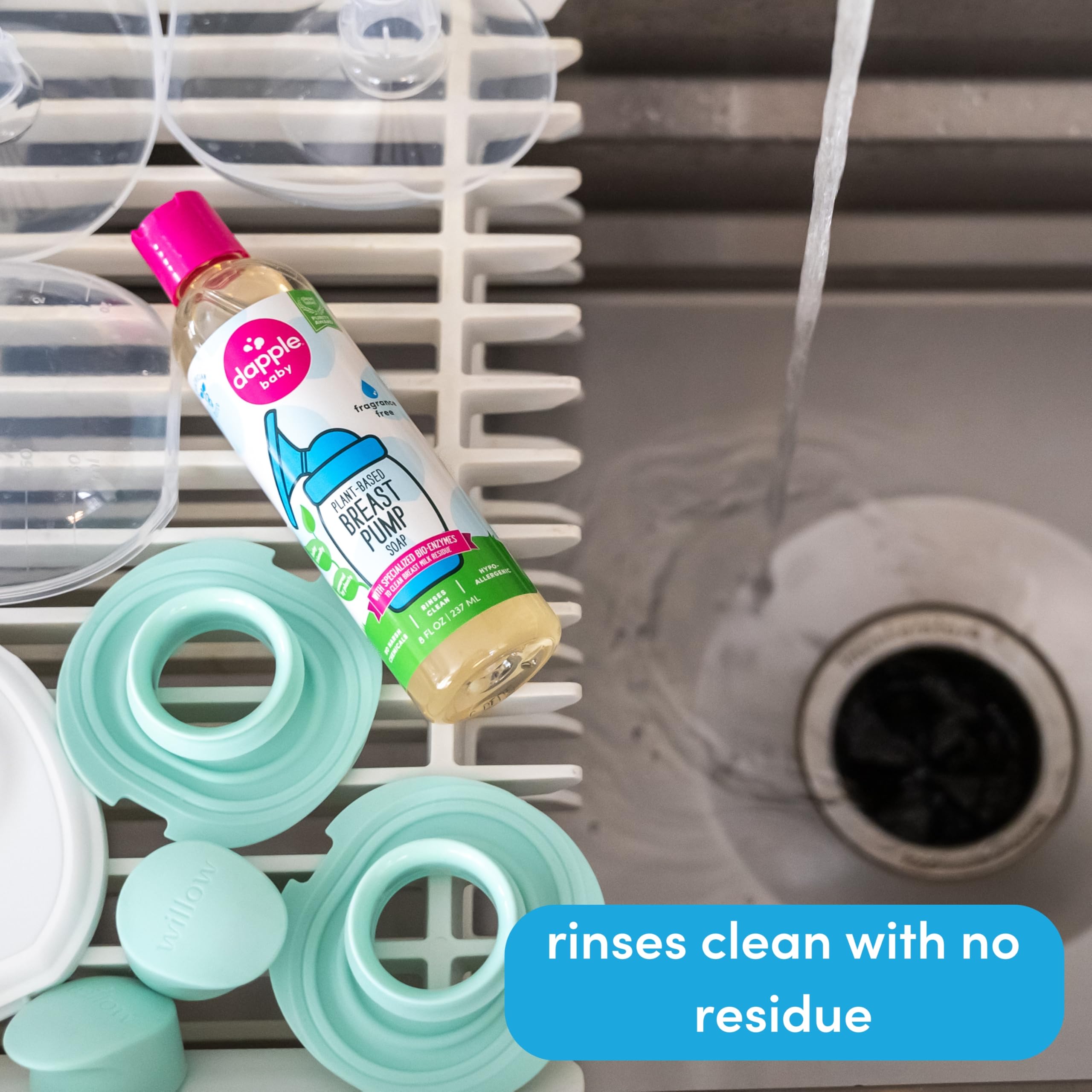 Dapple Breast Pump Soap 8 oz bottle with push-top lid for on-the-go cleaning.