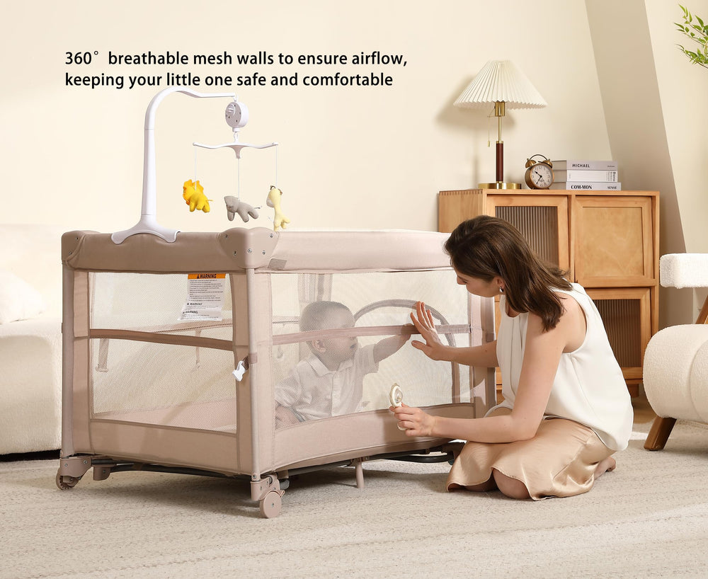 Dapue Pack and Play beige aluminum frame delivering sturdy stability