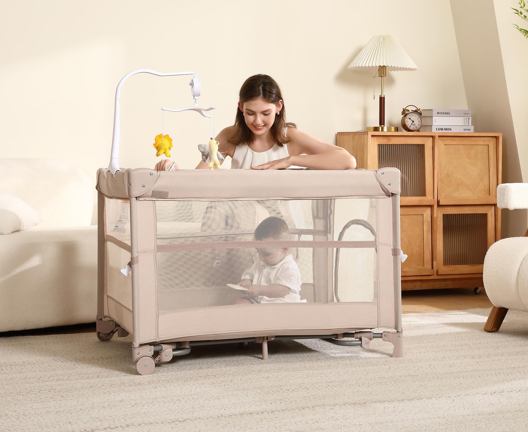 Dapue Pack and Play beige rocking bassinet mode for soothing newborns