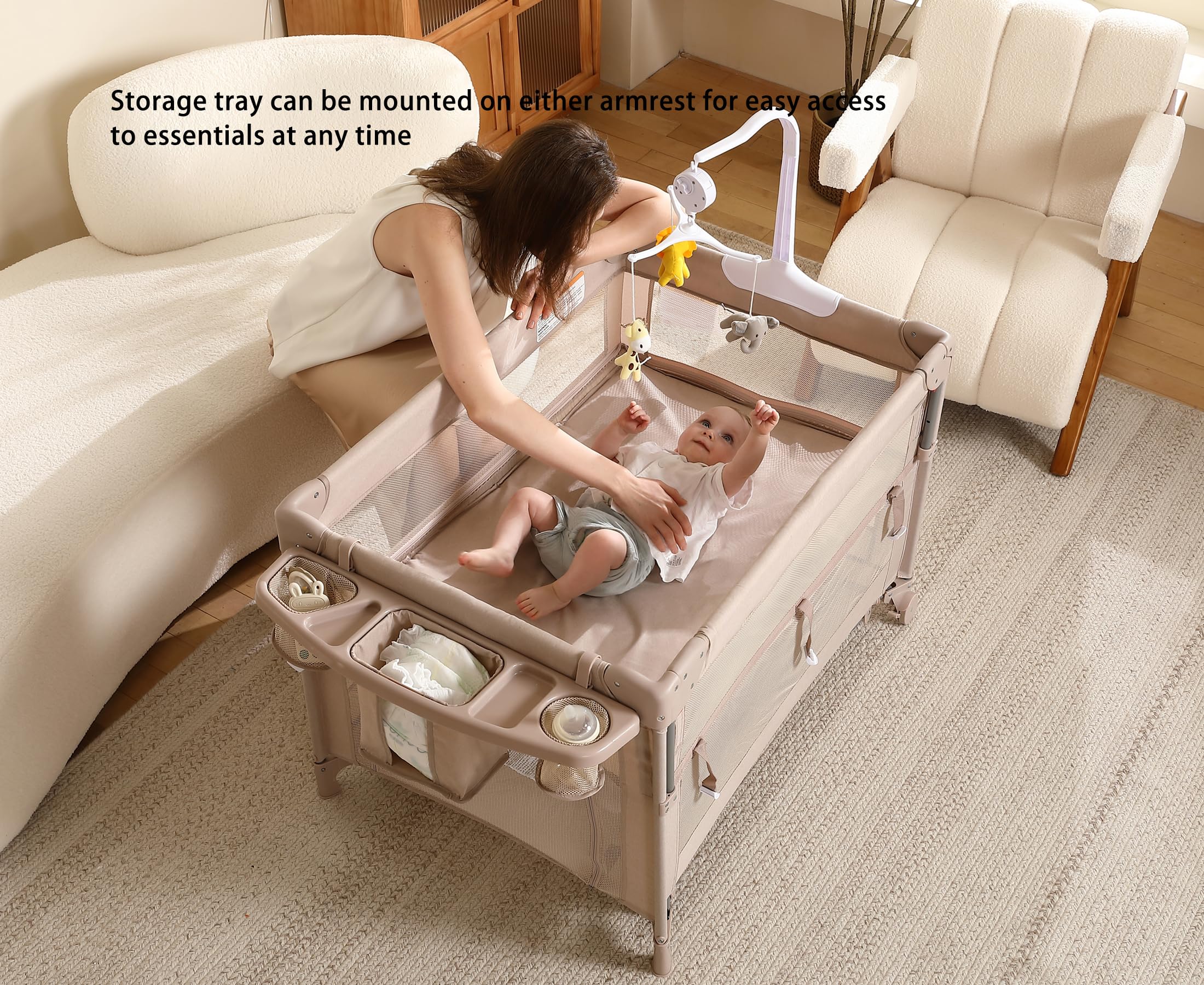 Dapue Pack and Play beige bedside sleeper attached to adult bed for overnight care