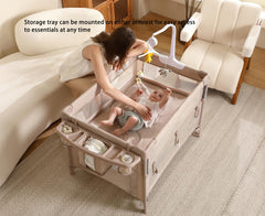 Dapue Pack and Play beige bedside sleeper attached to adult bed for overnight care