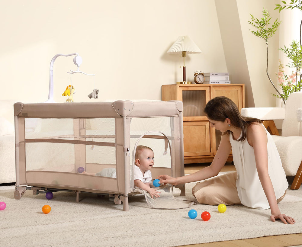 Dapue Pack and Play beige breathable mesh walls for airflow and comfort