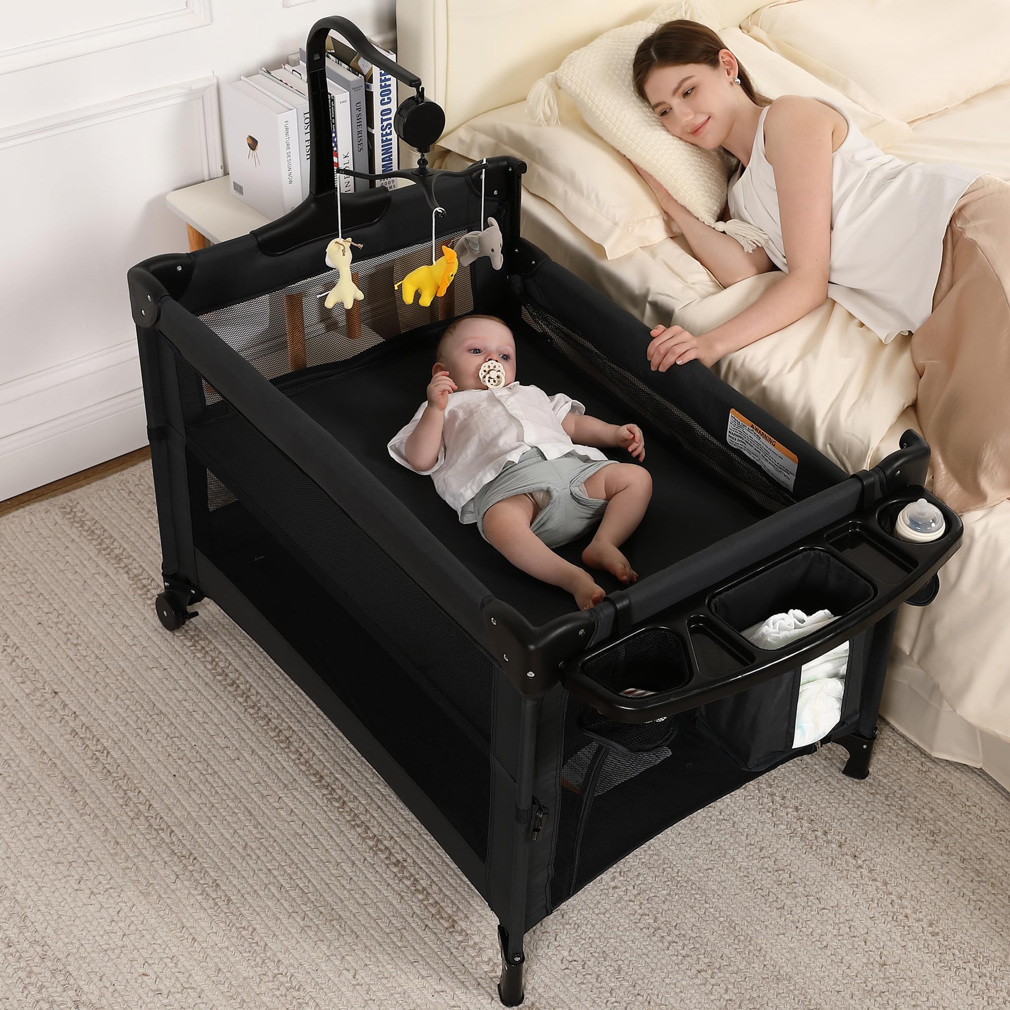 Dapue Pack and Play 5in1 bedside sleeper attachment enables close parent proximity at night