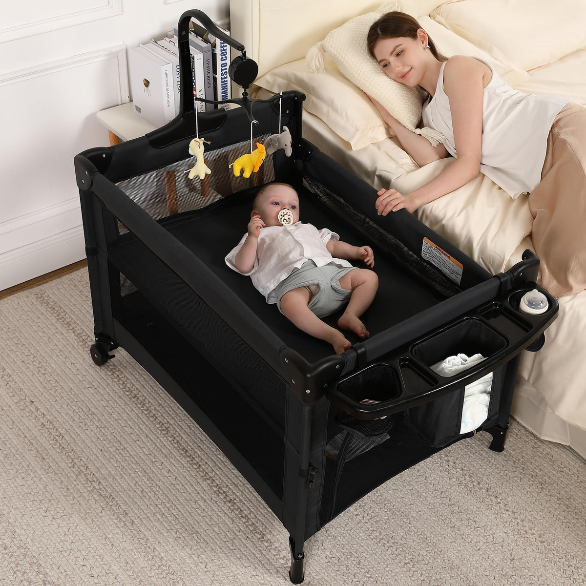 Dapue Pack and Play 5in1 bedside sleeper attachment enables close parent proximity at night