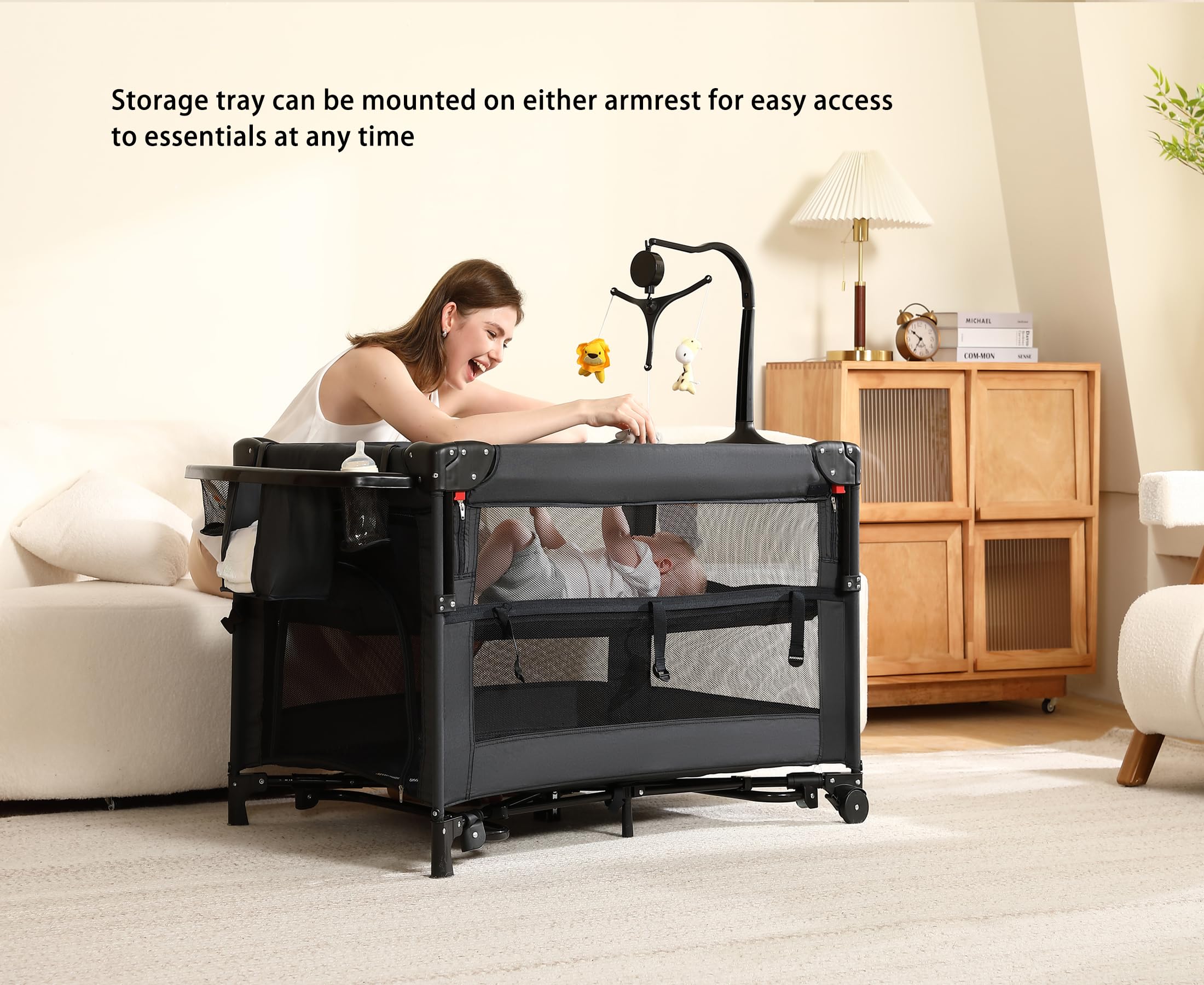 Dapue Pack and Play crib setup in living room for daytime naps