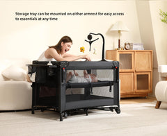 Dapue Pack and Play crib setup in living room for daytime naps