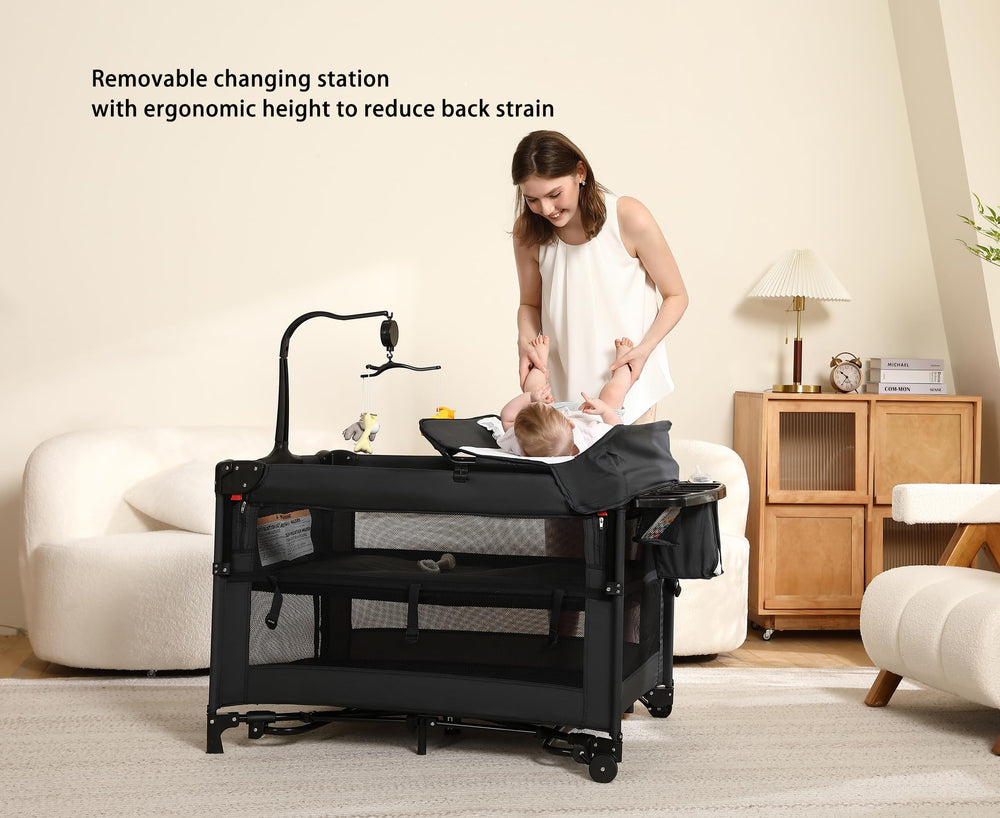 Dapue Pack and Play bassinet in rocking mode soothes baby