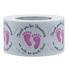 Dartsz baby shower footprint pink stickers close-up showing the design and pink background