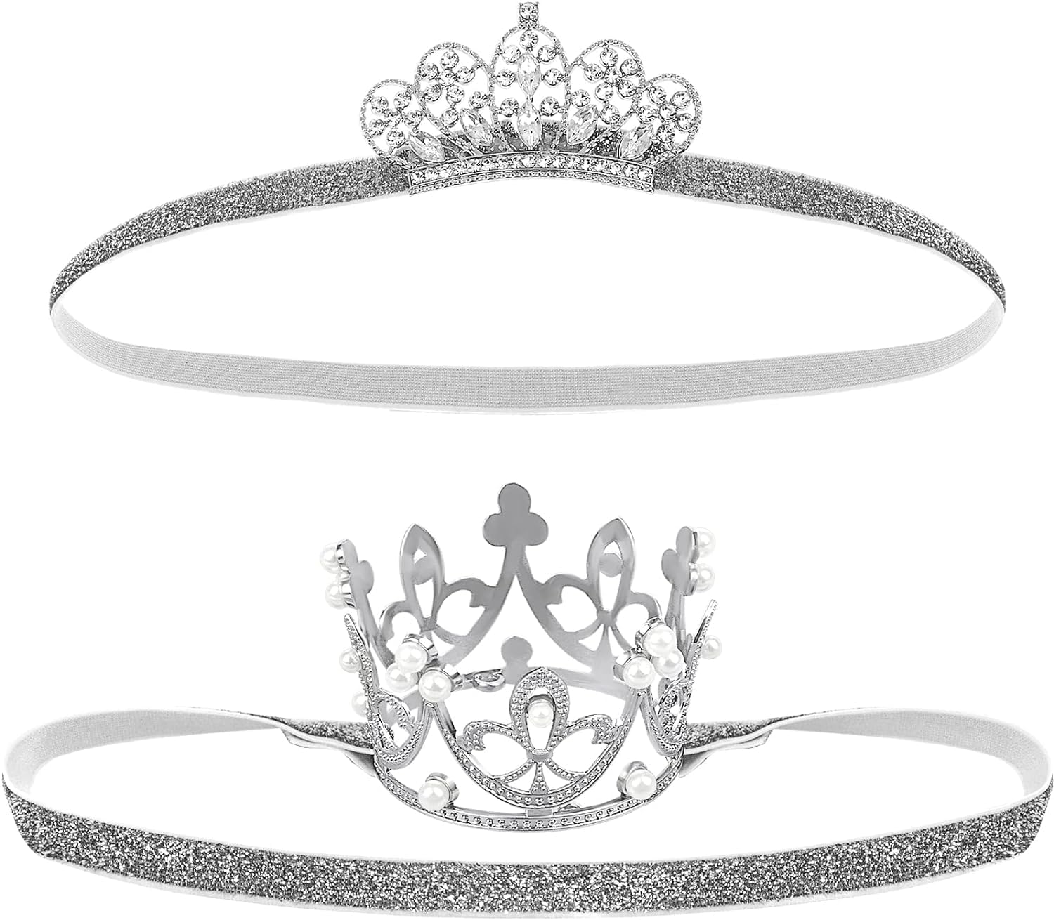 DatingShiny silver baby tiara front view with crystal rhinestones, ideal for princess-inspired photography.