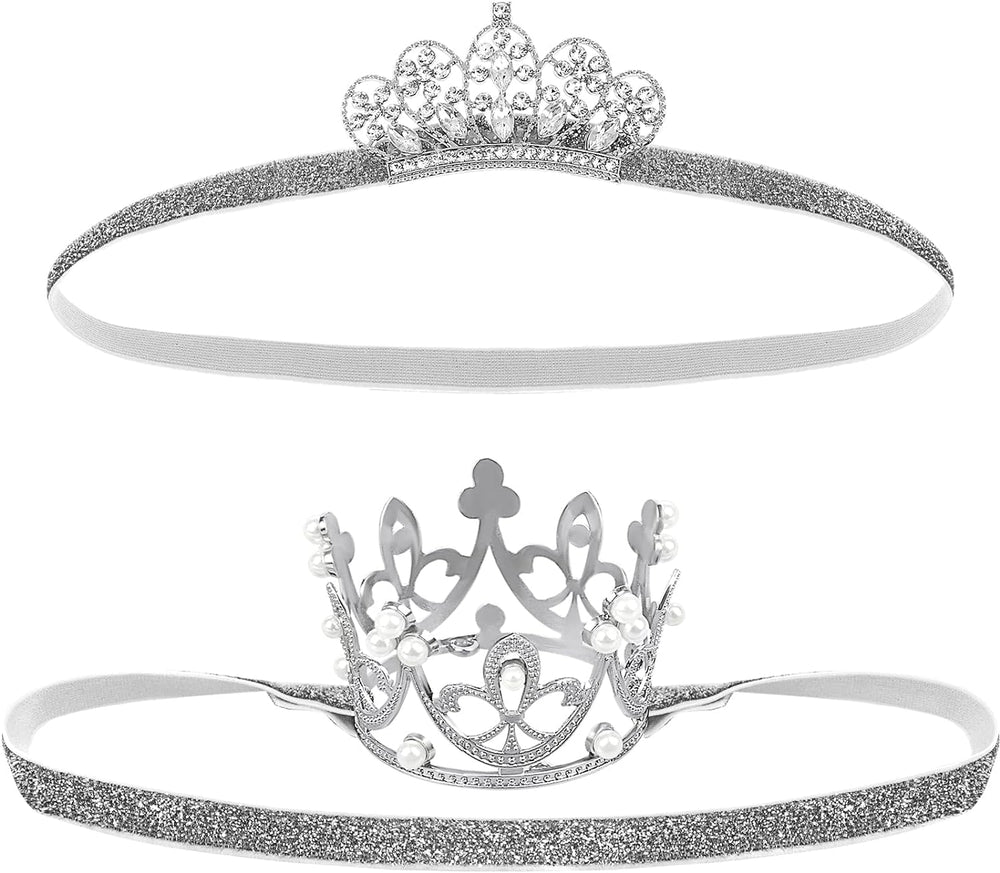 DatingShiny silver baby tiara front view with crystal rhinestones, ideal for princess-inspired photography.