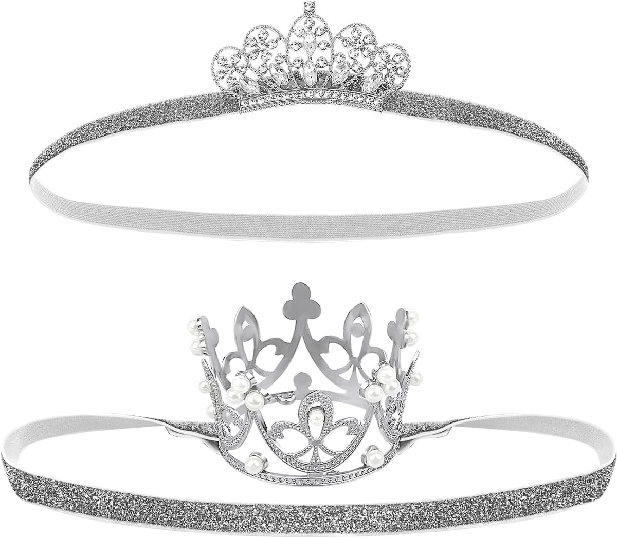 DatingShiny silver baby tiara front view with crystal rhinestones, ideal for princess-inspired photography.