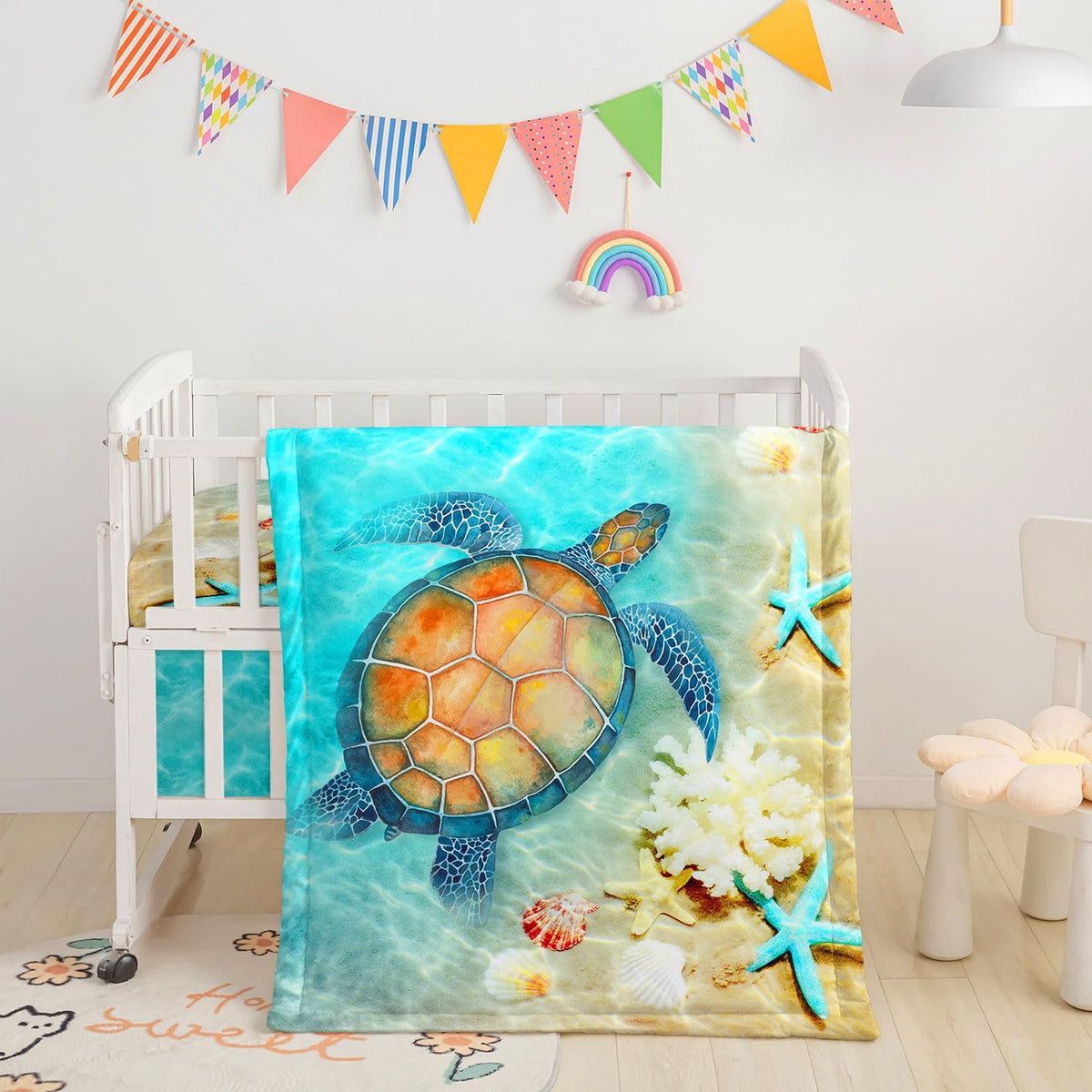 Datura Home sea-turtle comforter offers soft, cozy warmth for baby sleep.