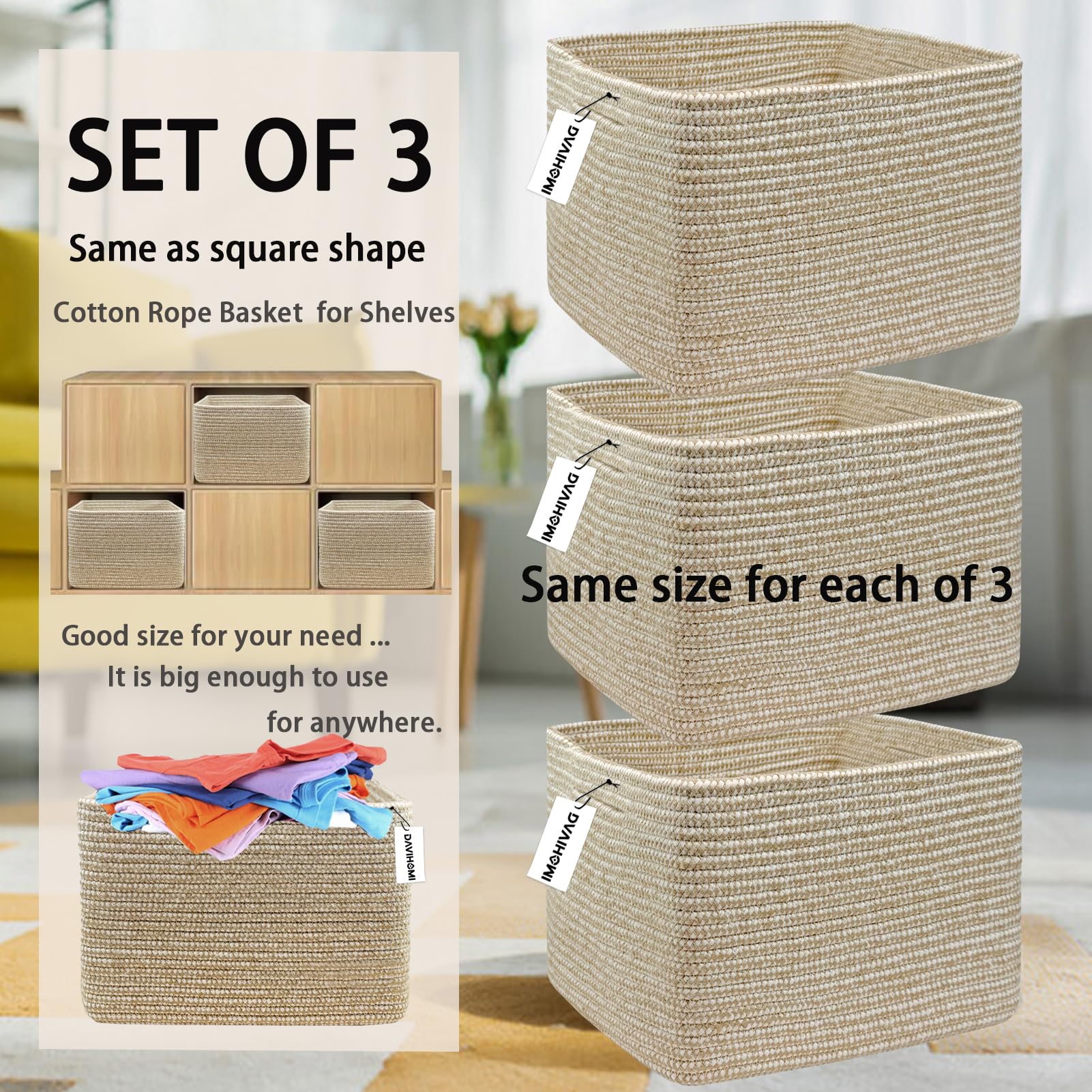DAVIHOMI small rope basket rectangular bottom supports stable toy storage