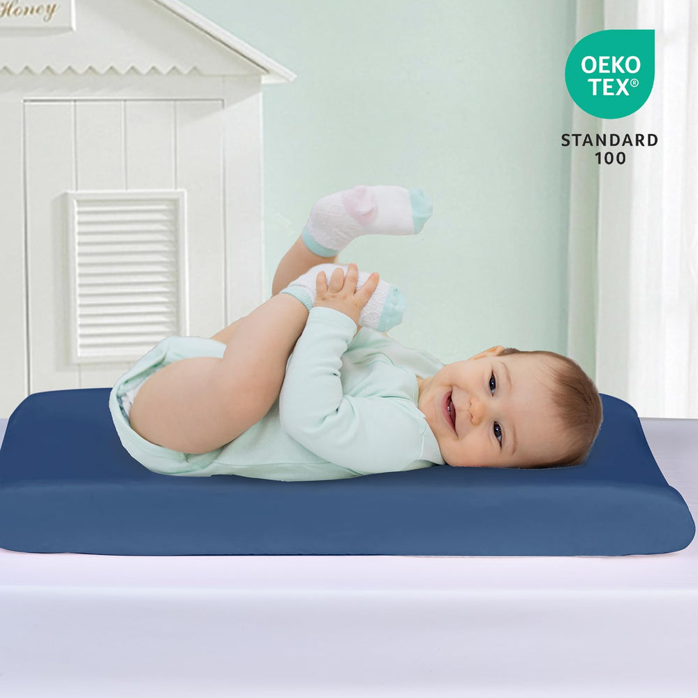 David's Kids changing pad cover navy blue stack showcases color-fast fabric for lasting color.