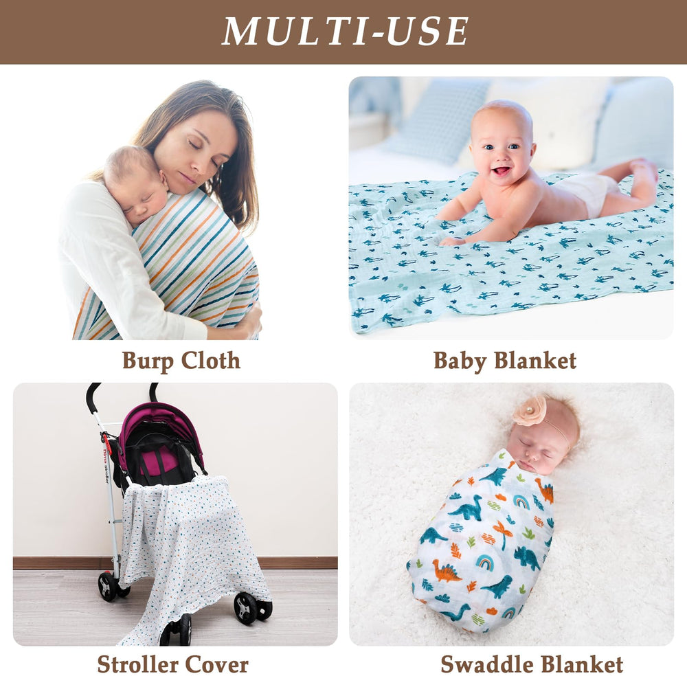 David's Kids dinosaur blue swaddle blanket packaging highlights gift-ready four-pack.
