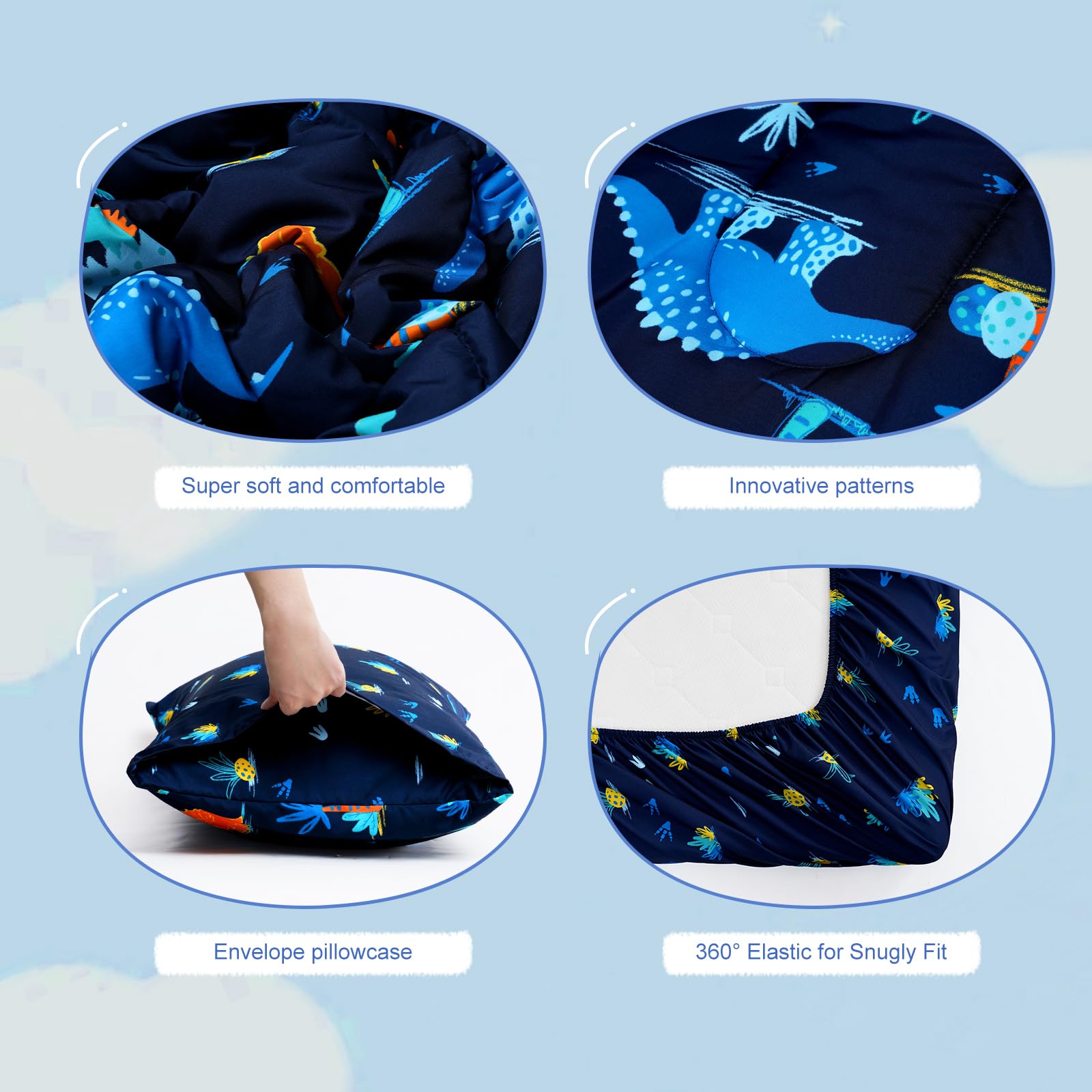 David's Kids dinosaur navy flat sheet on toddler bed illustrates all-season comfort.