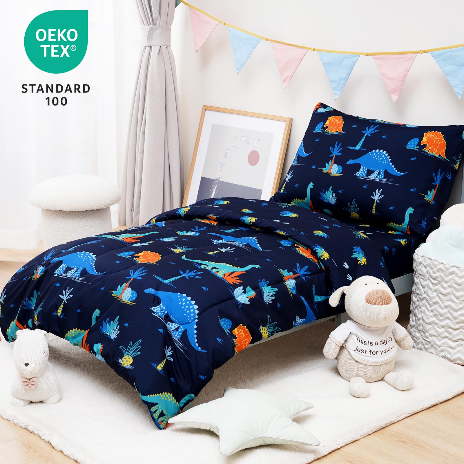 David's Kids dinosaur navy pillowcase front view highlights durable, easy-care fabric.