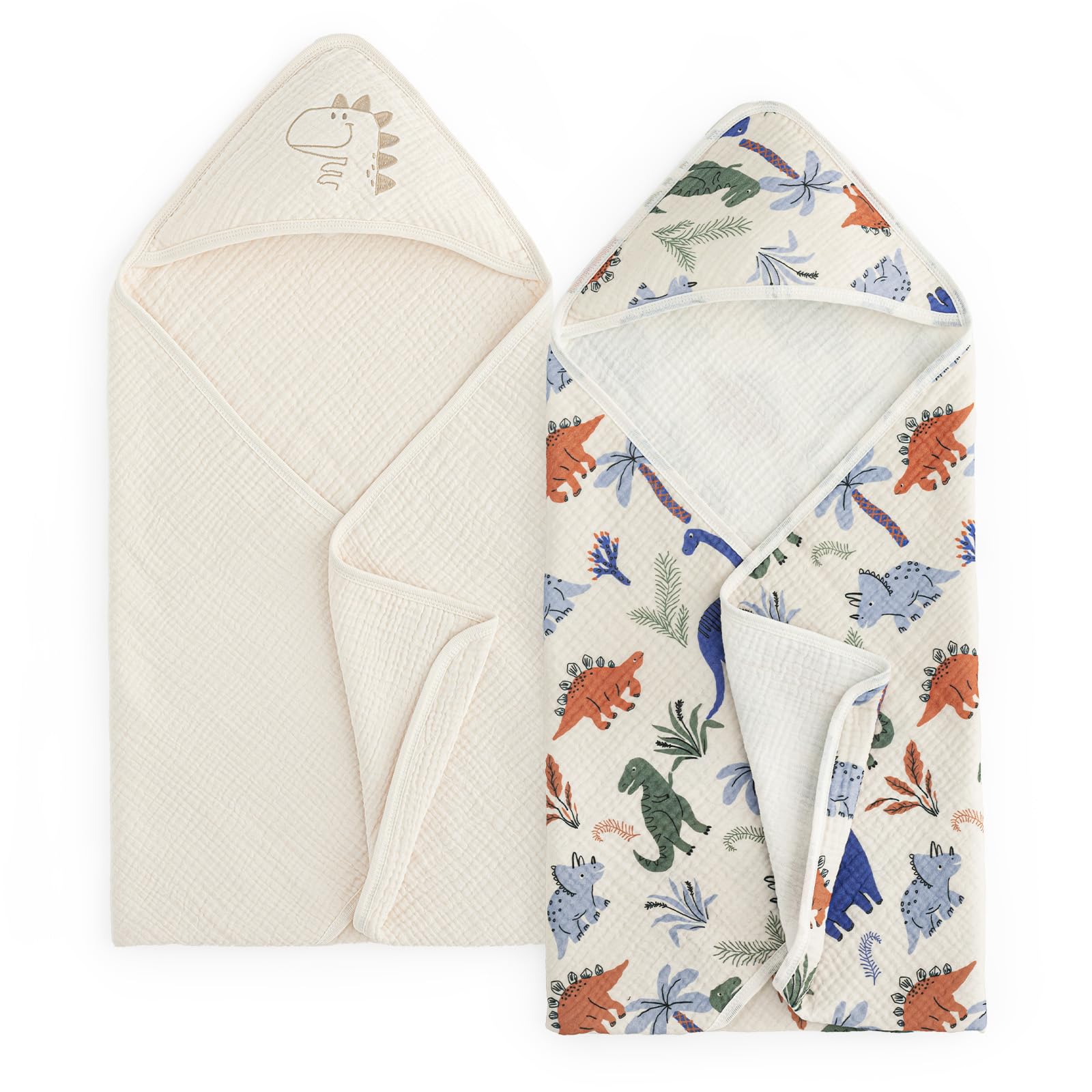 David's Kids dinosaur-story hooded towel front view showcases plush 6-layer muslin for quick-drying bath time.