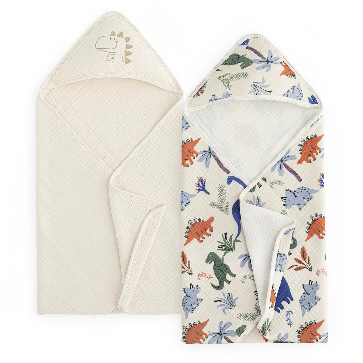 David's Kids dinosaur-story hooded towel front view showcases plush 6-layer muslin for quick-drying bath time.