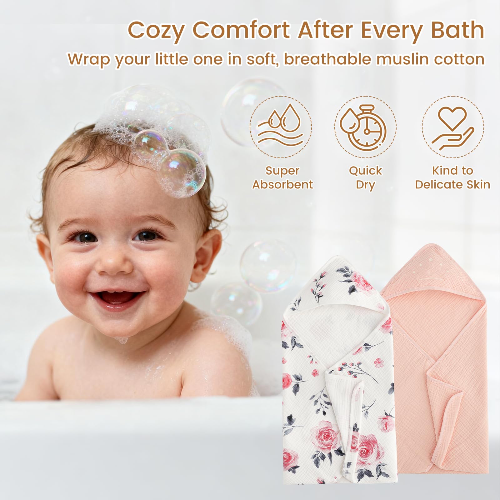 David's Kids hooded towel 32x32 size shown growing with baby to toddler.
