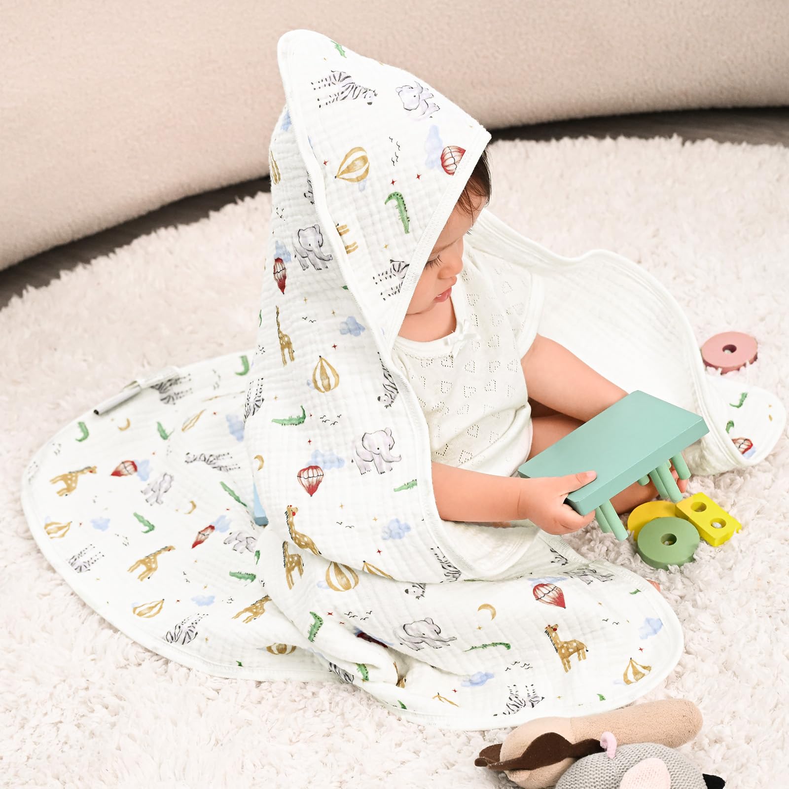 David's Kids hooded towel 32x32 size demonstrates full baby coverage after bath.