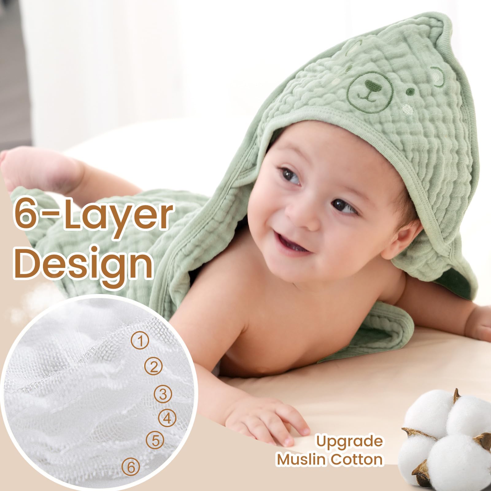 David's Kids hooded towel six-layer muslin fabric feels ultra-soft and breathable.