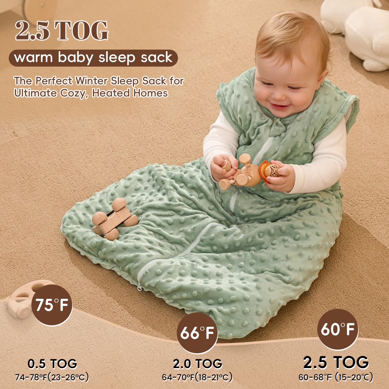 David's Kids Minky Sleep Sack sage green side view for easy diaper changes