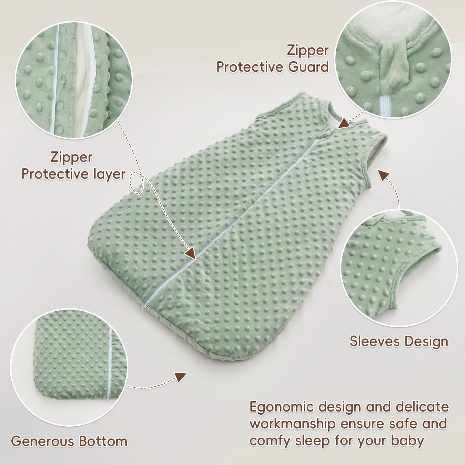 David's Kids Minky Sleep Sack sage green zipper close-up with two-way design