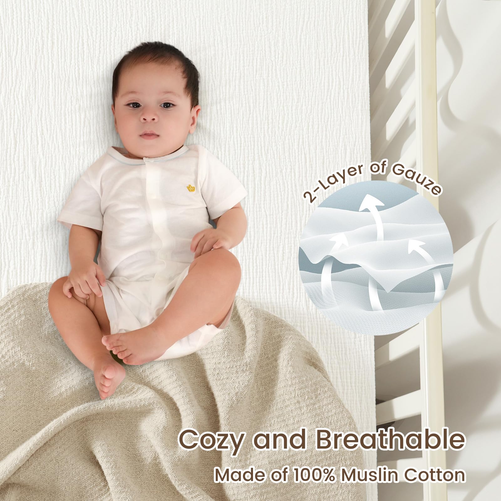 David's Kids Muslin Crib Sheets two-pack shown on a standard crib mattress