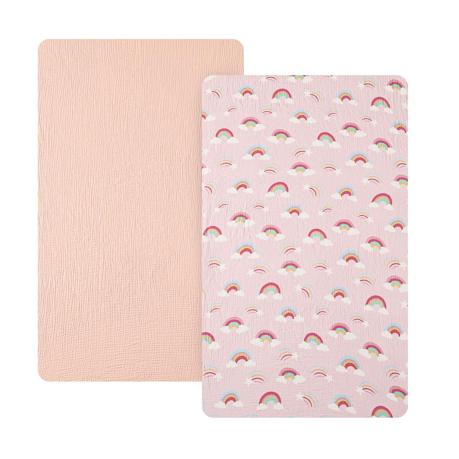 David's Kids muslin mini crib sheets front view, convenient two-pack for quick changes.