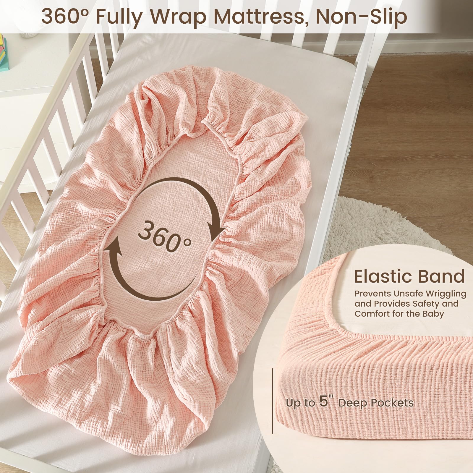 David's Kids muslin mini crib sheets 360° elastic band stabilizes fit
