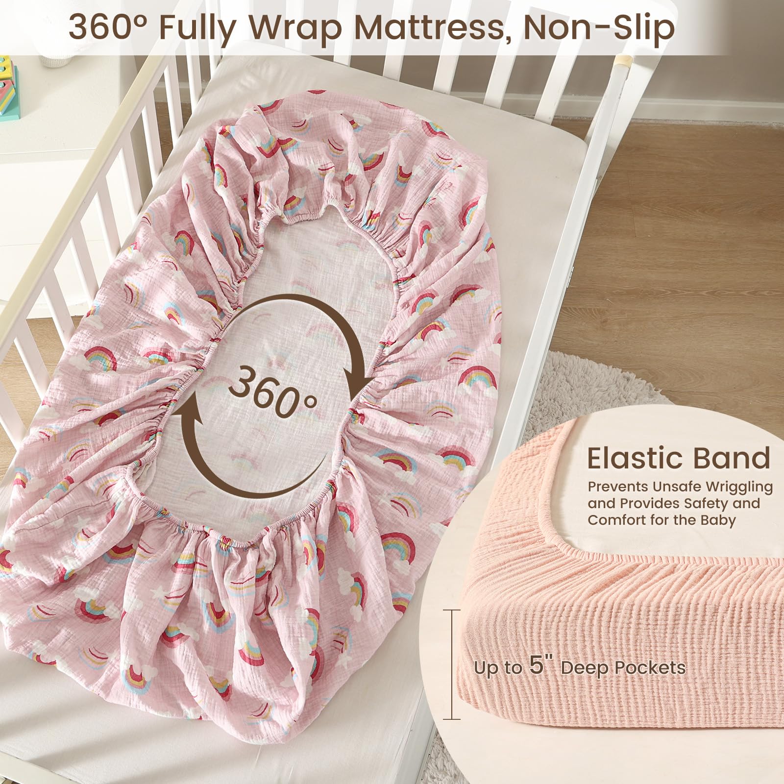 David's Kids muslin mini crib sheets durable stitching for lasting use.
