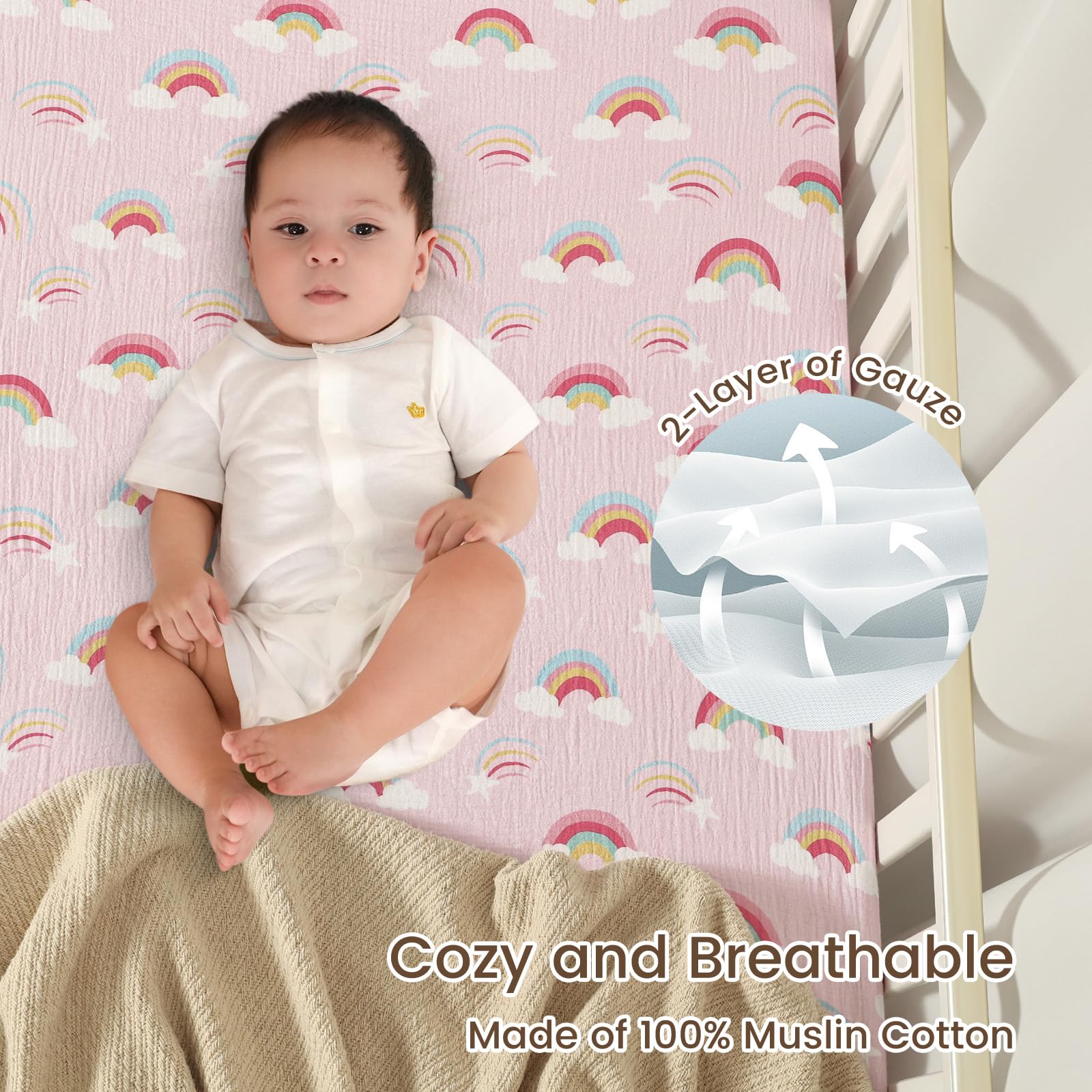 David's Kids muslin mini crib sheets showing 5-pocket secure-fit, no-gap performance.