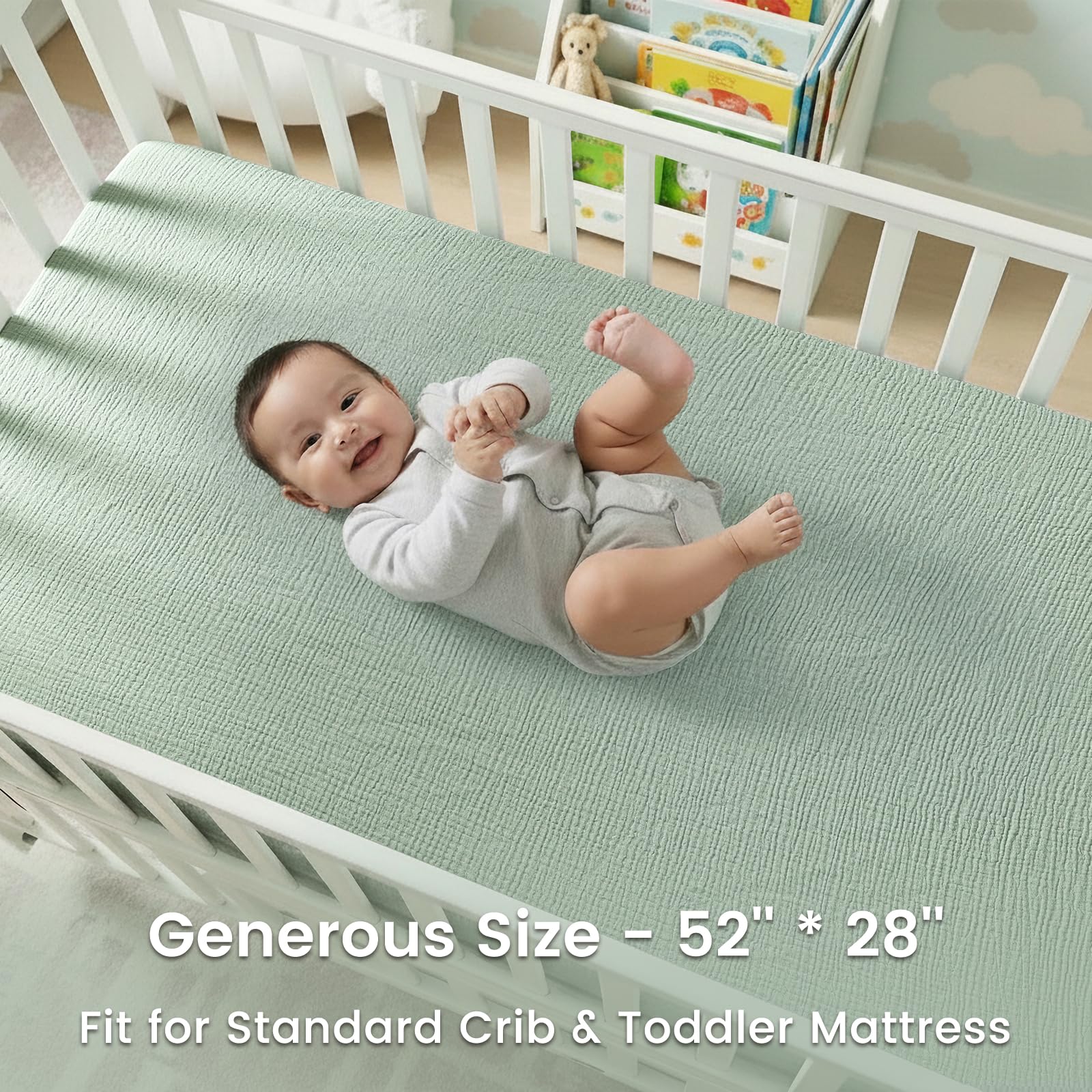 David's Kids muslin sheets show 8-pocket depth and 360° elastic for secure fit.