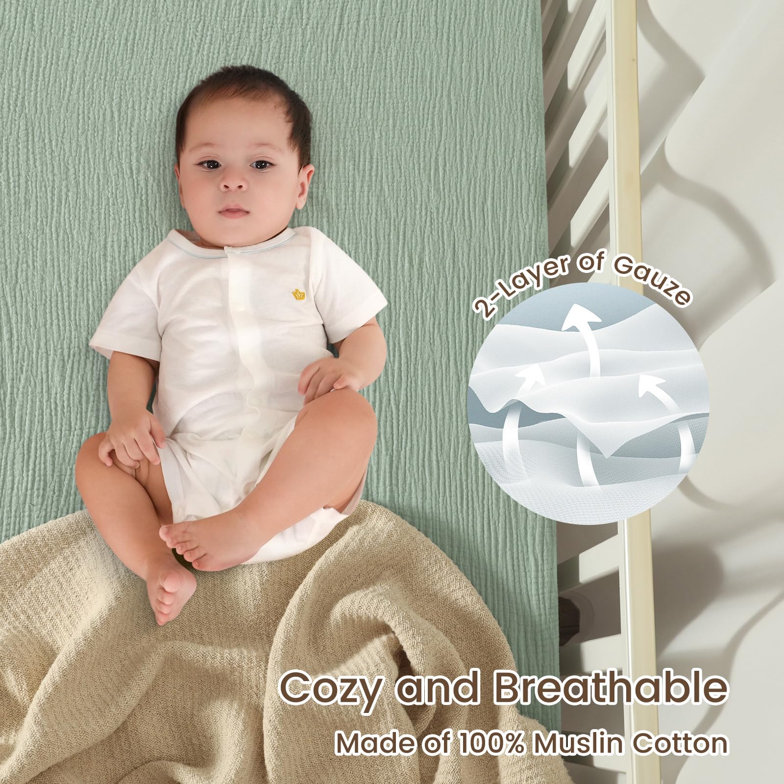 David's Kids muslin sheets fitted on crib mattress for snug secure fit.