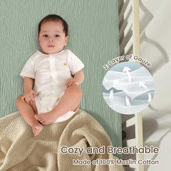 David's Kids muslin sheets fitted on crib mattress for snug secure fit.