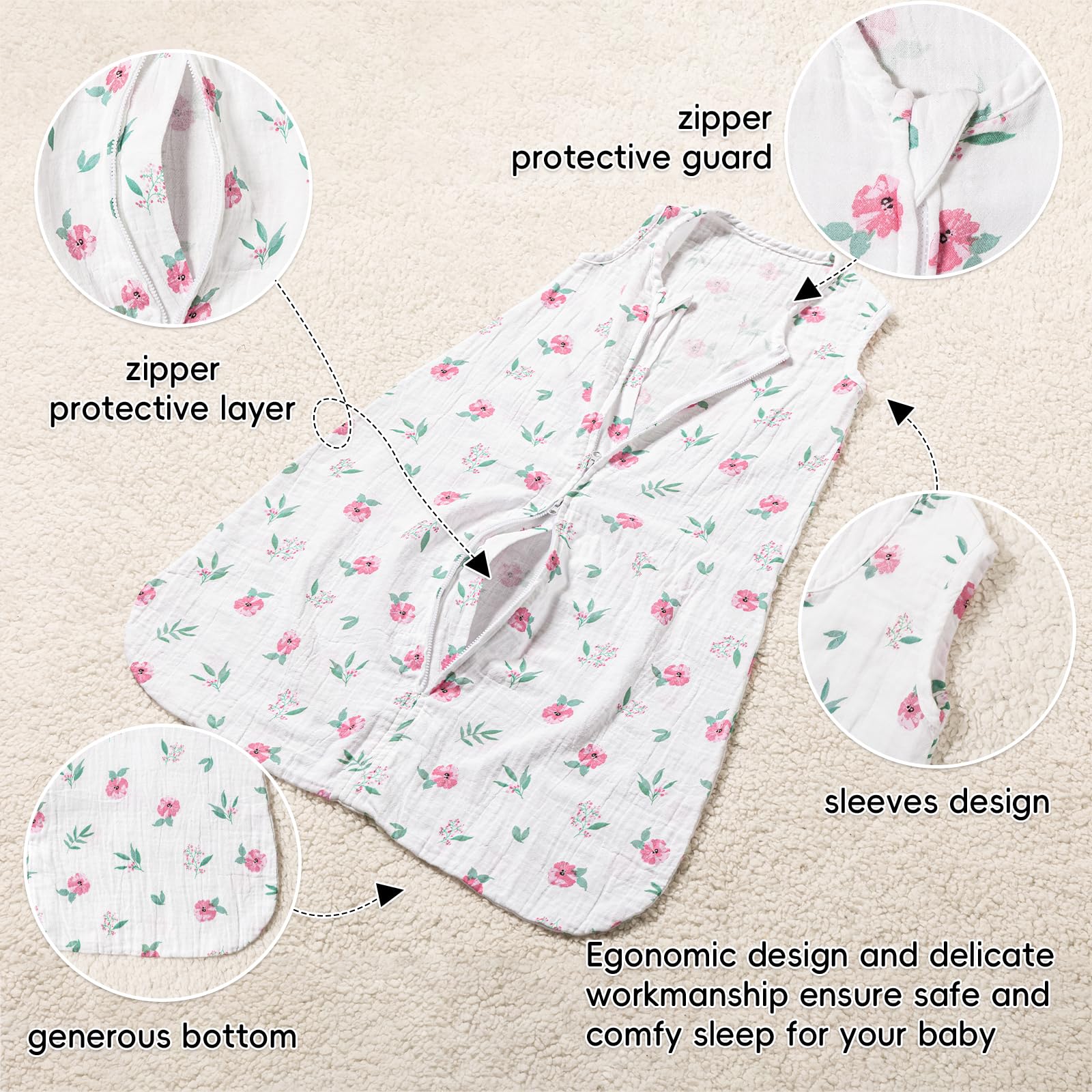 David's Kids muslin sleep sack close-up reveals soft fabric texture.