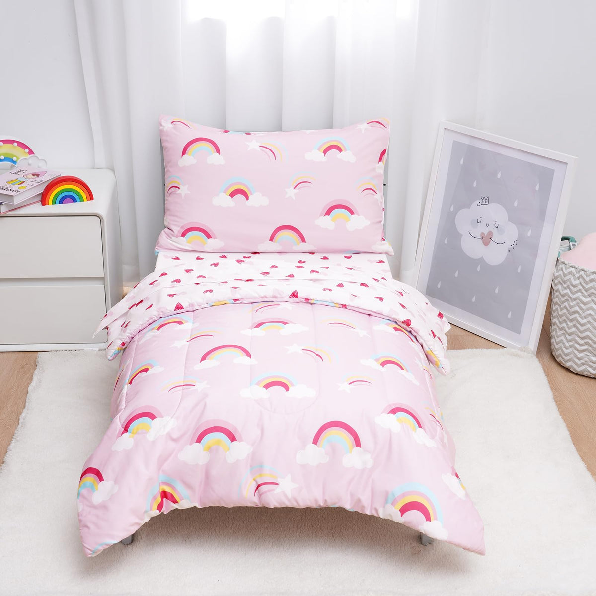 david's kids rainbow comforter close-up shows soft, breathable fabric for cozy nights.