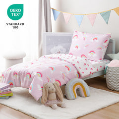david's kids rainbow pillowcase close-up reveals gentle touch and durable, easy-care fabric.