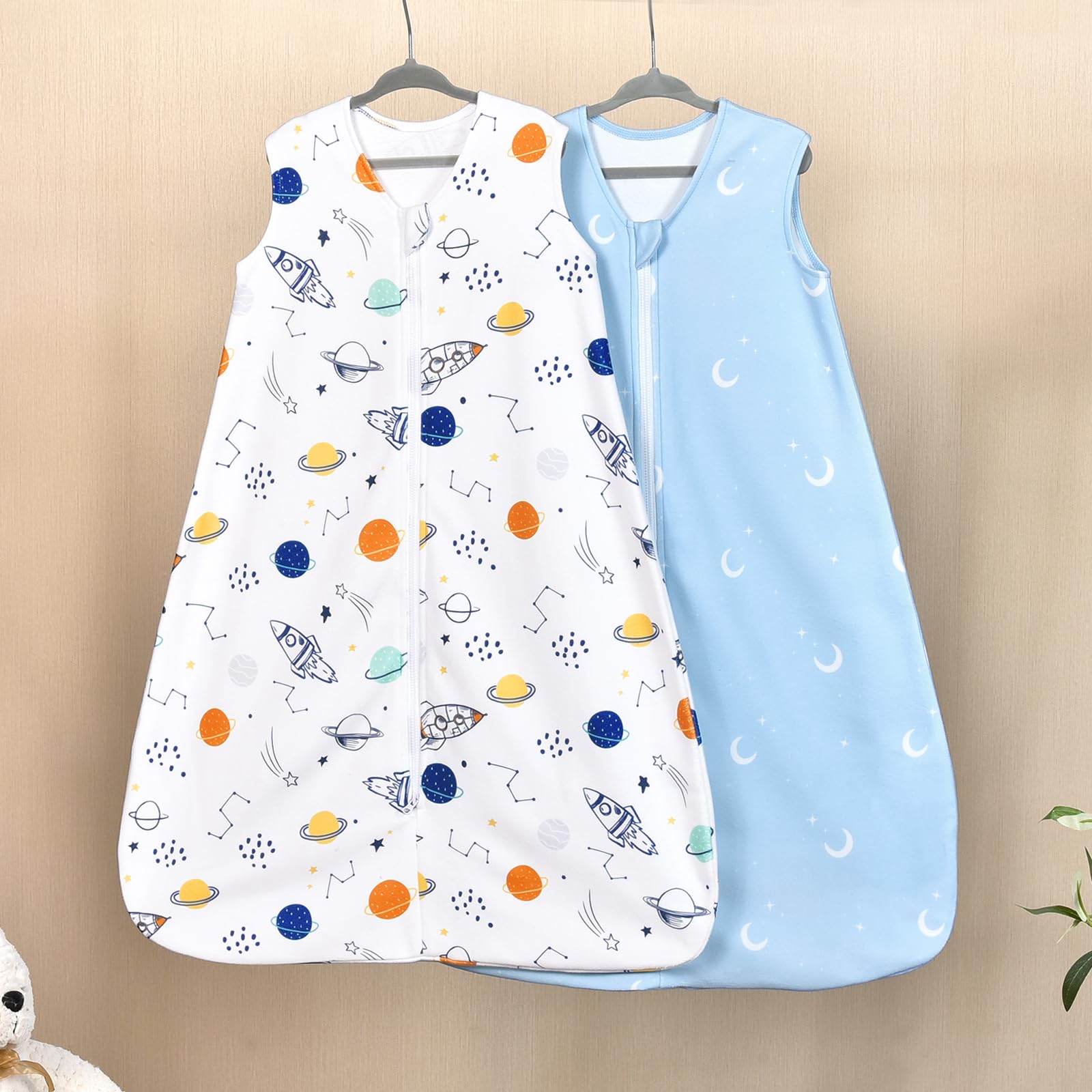 David's Kids space pattern sleep sack is durable and machine washable for busy families.