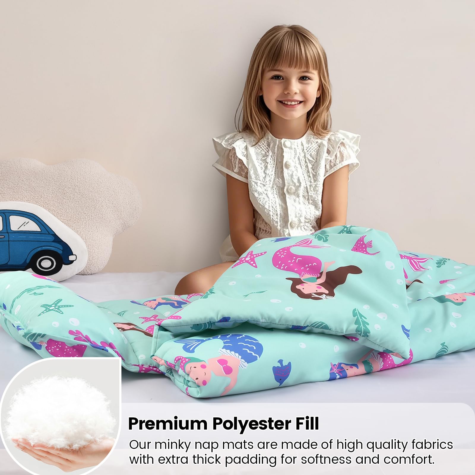 David's Kids nap mat with removable pillow simplifies washing and care