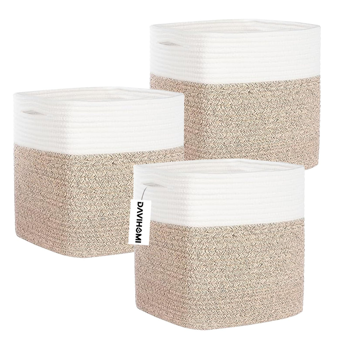 DAVIHOMI storage cubes 11-inch square front view shows durable rope weave for neat organization.